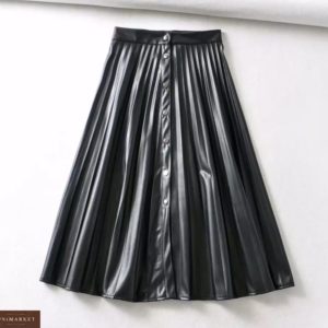 Заказать женскую юбку плиссе длины миди из эко кожи черного цвета по скидке