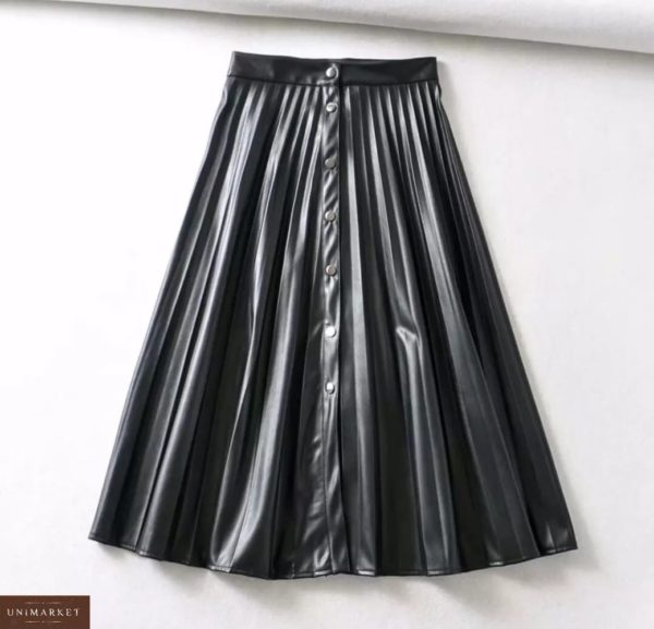 Заказать женскую юбку плиссе длины миди из эко кожи черного цвета по скидке