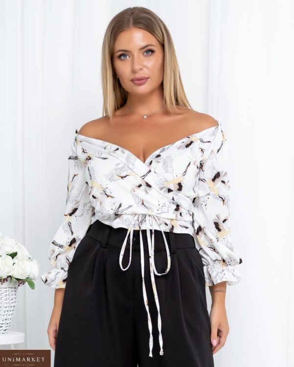 Замовити жіночу білу блузку-топ з журавлями (розмір 42-54) недорого