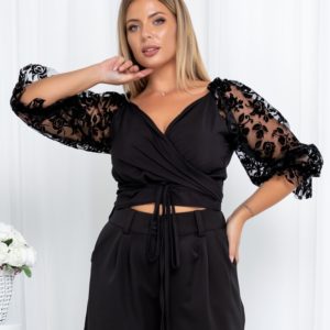 Замовити жіночу чорну блузку з рукавами з сітки з флоком (розмір 42-54) онлайн