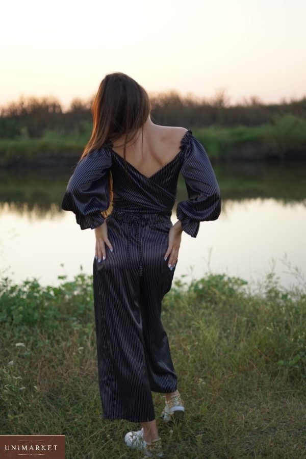 Придбати жіночу двосторонню блузку в смужку з шовку-атласу (розмір 42-58) по знижці чорну