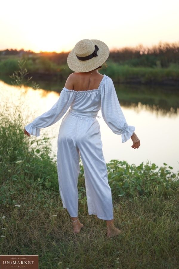 Замовити білу двосторонню блузку в смужку з шовку-атласу (розмір 42-58) для жінок вигідно