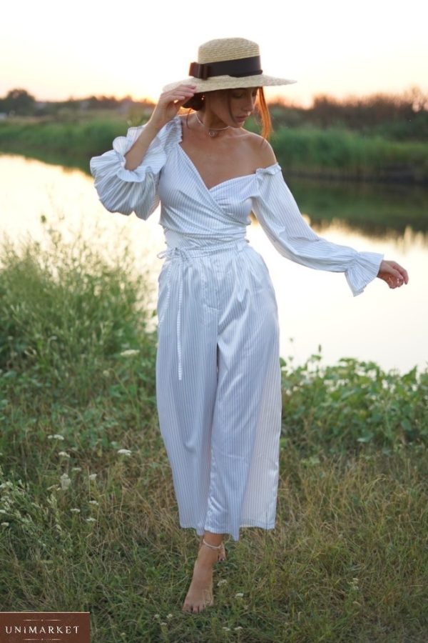 Купити білу в смужку двосторонню блузку з шовку-атласу (розмір 42-58) для жінок дешево