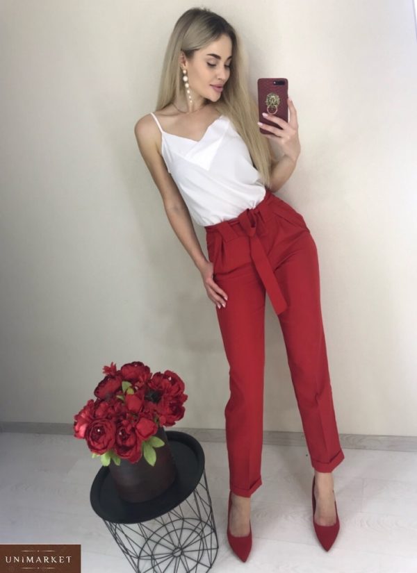 Купити жіночі червоні штани зі стрілками і поясом онлайн