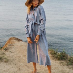 Купить голубой женский летний костюм: рубашки и штаны-кюлоты из льна онлайн