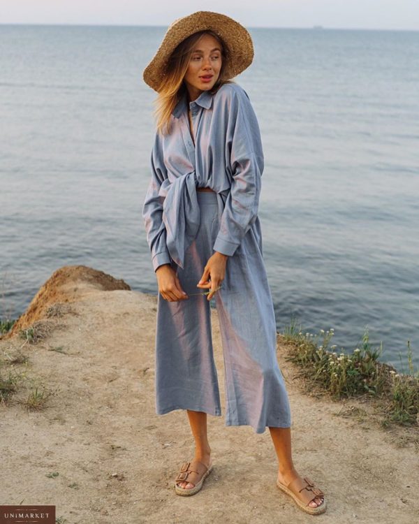 Купить голубой женский летний костюм: рубашки и штаны-кюлоты из льна онлайн