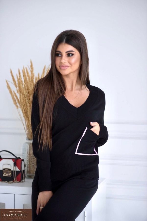 Купити жіночий в'язаний прогулянковий костюм чорного кольору з кишенею онлайн