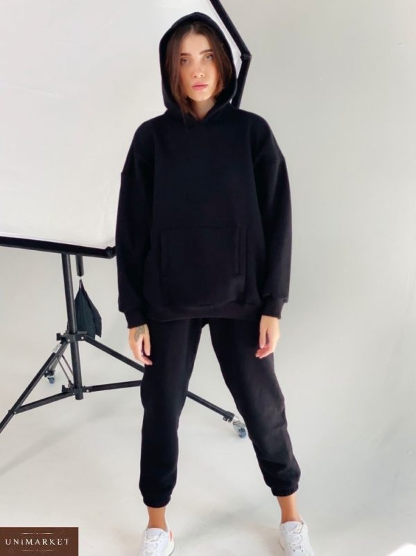 Заказать женский черный спортивный костюм на флисе из трехнитки с капюшоном (размер 42-48) онлайн