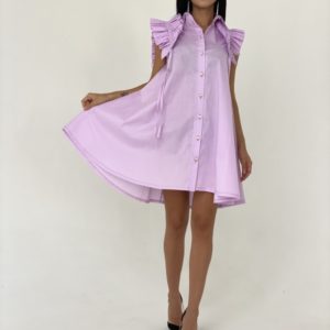 Замовити жіноче плаття-сорочка бузкового кольору з бавовни з оригінальними рукавами онлайн