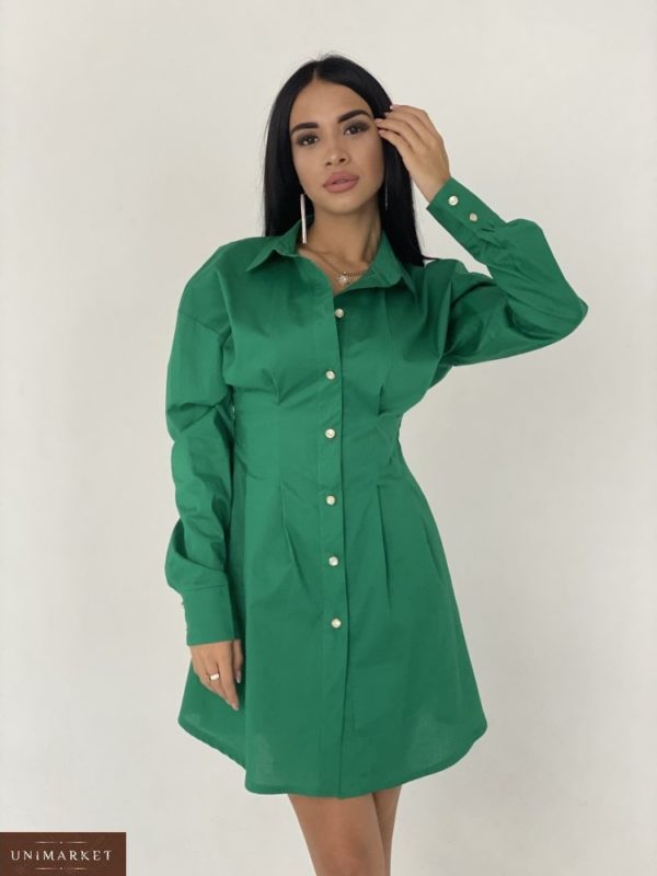 Купить зеленое платье-рубашка из хлопка с длинным рукавом для женщин по скидке
