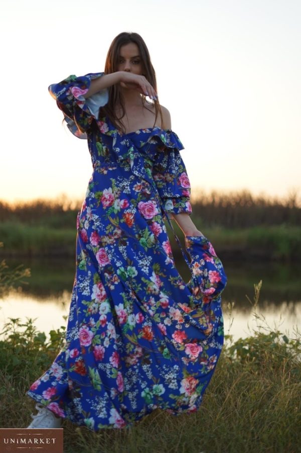Приобрести синее платье для женщин макси в цветочный принт с открытыми плечами (размер 42-64) выгодно