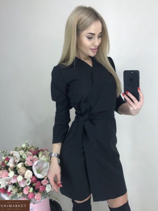 Купити чорну жіночу сукню на запах з довгим рукавом вигідно