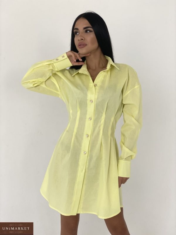 Заказать женское платье-рубашка из хлопка с длинным рукавом желтое по низким ценам