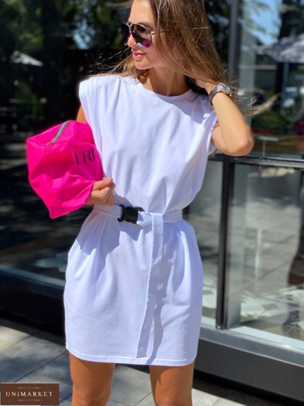 Купить белое платье с подплечниками из трикотажа для женщин онлайн