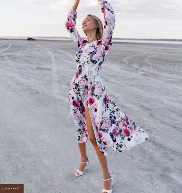 Купити жіночу шовкову сукню міді з довгим рукавом і квітковим принтом біле онлайн