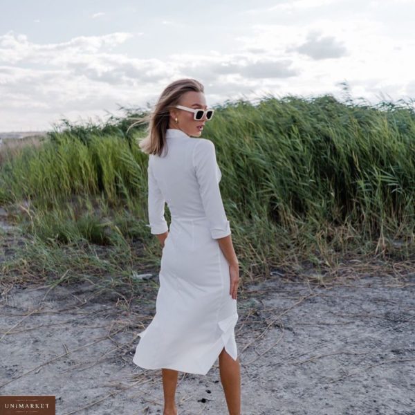 Купити плаття міді жіноче білого кольору з гудзиками і розрізами в Україні