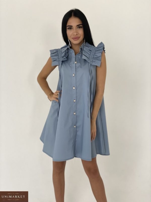 Приобрести голубого цвета платье-рубашка из хлопка с оригинальными рукавами для женщин выгодно