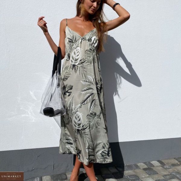 Приобрести оливковое шелковое платье-комбинация миди на бретельках для женщин по низким ценам