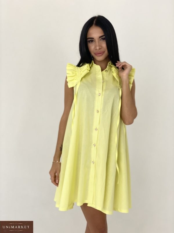 Заказать желтое женское платье-рубашка из хлопка с оригинальными рукавами по скидке