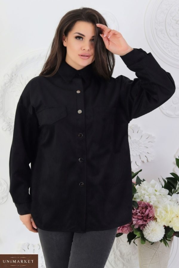 Купити вельветову жіночу сорочку на кнопках з довгим рукавом (розмір 42-52) чорного кольору недорого