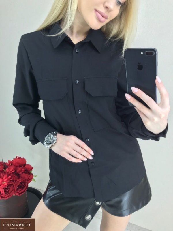 Купити чорну сорочку з довгим рукавом на ґудзиках для жінок вигідно