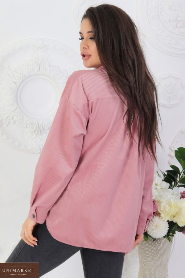 Придбати рожеву вельветову сорочку на кнопках з довгим рукавом (розмір 42-52) для жінок вигідно