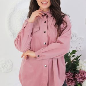 Купити жіночу вельветову сорочку на кнопках з довгим рукавом (розмір 42-52) рожевого кольору недорого