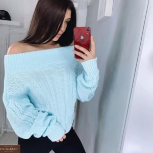 Придбати блакитний жіночий в'язаний светр з відкритими плечима вигідно