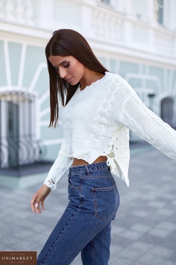 Замовити жіночий білий короткий оверсайз светр із зав'язками збоку онлайн