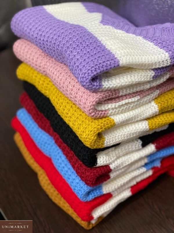 Купить пудра, желтый, черный, бордо, голубой, красный, горчица свитер в широкую полоску женский с необработанными краями онлайн