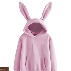 Купити жіночу бузкового кольору худі з трехніткі з вухами кролика на капюшоні (розмір 42-52) недорого