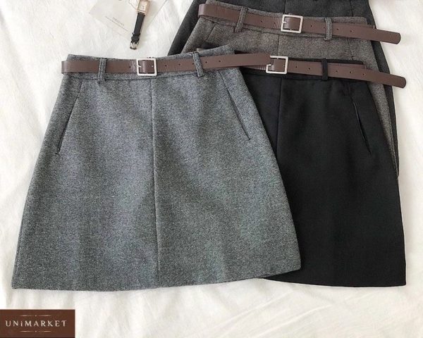 Купить серую, коричневую, черную юбку из твида с карманами и поясом (размер 44-48) по скидке для женщин