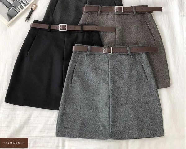 Приобрести серую, коричневую, черную женскую юбку из твида с карманами и поясом (размер 44-48) по скидке