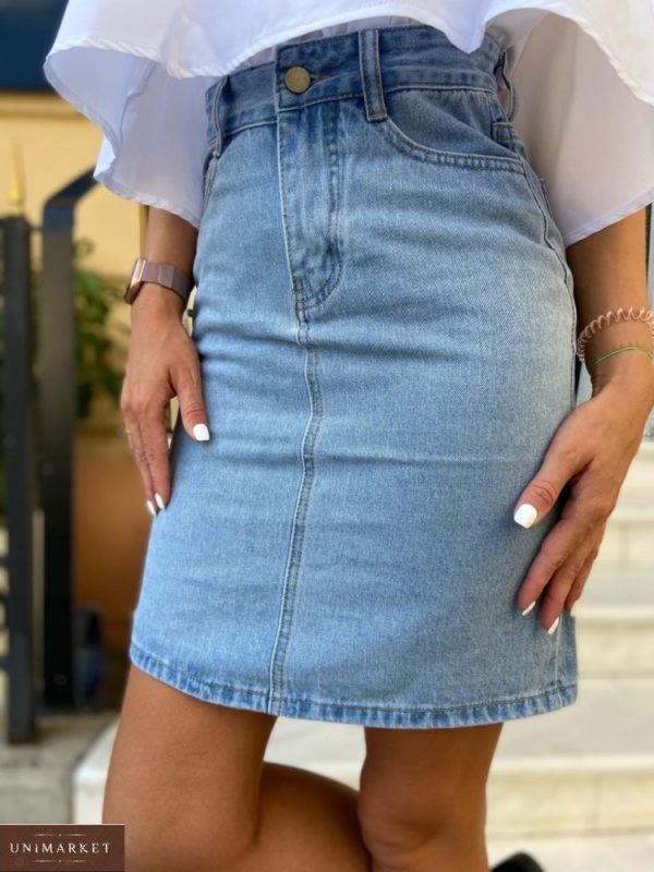 Замовити блакитного кольору жіночу джинсову спідницю із завищеною лінією талії онлайн