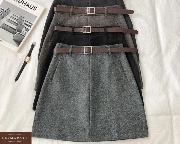 Заказать женскую юбку из твида с карманами и поясом (размер 44-48) серого, коричневого, черного цветов дешево