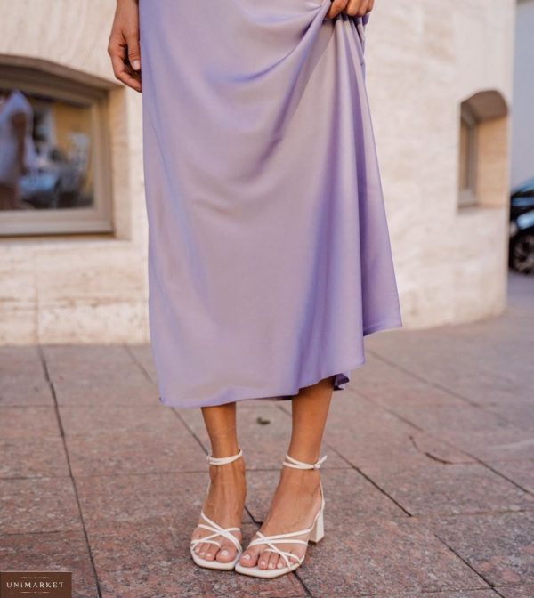 Придбати кольору бузок жіночу шовкову спідницю довжини міді (розмір 40-48) онлайн