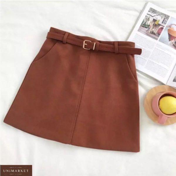 Приобрести коричневого цвета женскую юбку из твида с поясом в комплекте (размер 44-48) по скидке