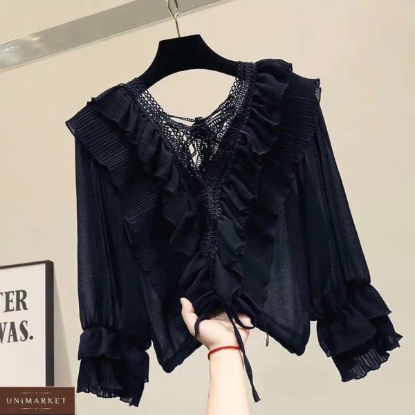 Придбати чорну ніжну блузку з рюшами з довгим рукавом вигідно для жінок