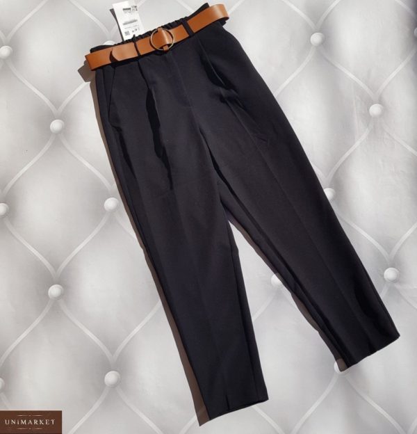 Приобрести черные зауженные брюки из костюмки с поясом (размер 42-50) для женщин по скидке