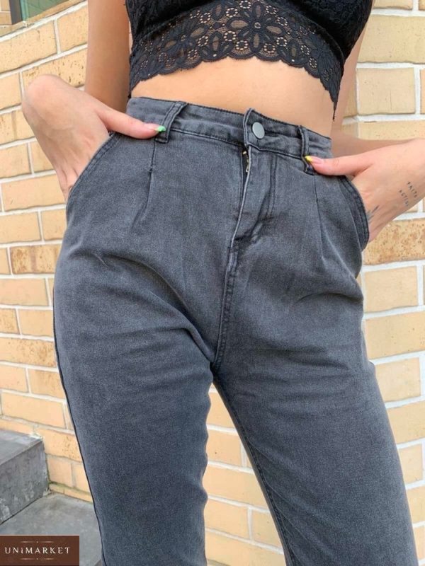 Заказать женские серые короткие джинсы Мом с защипами (размер 42-48) онлайн