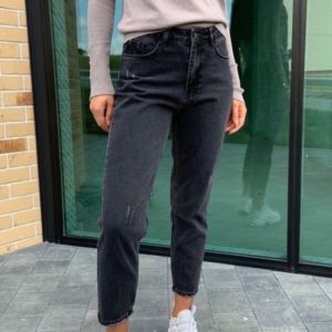 Купить женские укороченные джинсы Мом с царапками серые в интернете