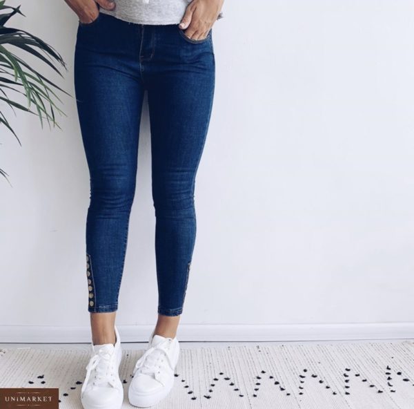 Заказать синие женские укроченные стрейчевые джинсы скинни с пуговками онлайн