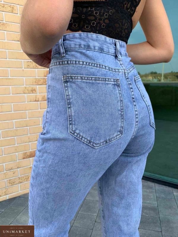 Купить голубые женские укороченные джинсы Мом с оригинальными карманами (размер 42-48) выгодно