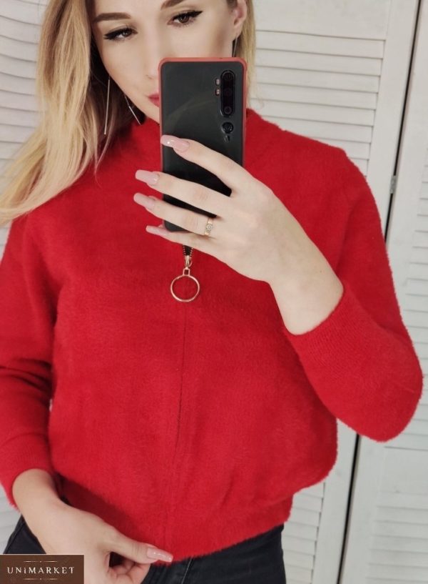Заказать красного цвета кардиган на змейке с карманами для женщин из альпаки онлайн
