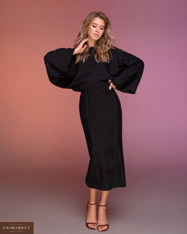 Приобрести черный вязаный костюм со юбкой миди (размер 44-54) онлайн для женщин