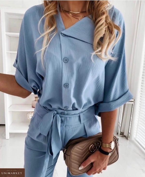 Замовити блакитний брючний вкорочений жіночий костюм з блузою (розмір 42-48) онлайн