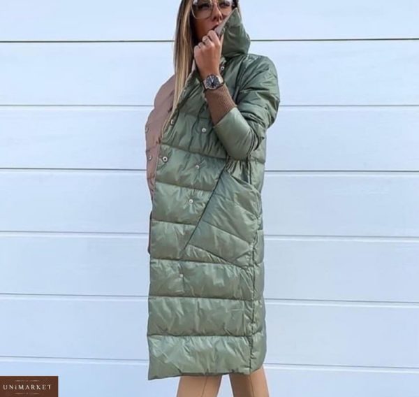 Заказать женскую фисташкового цвета двухстороннюю куртку на заклепках с косыми карманами онлайн