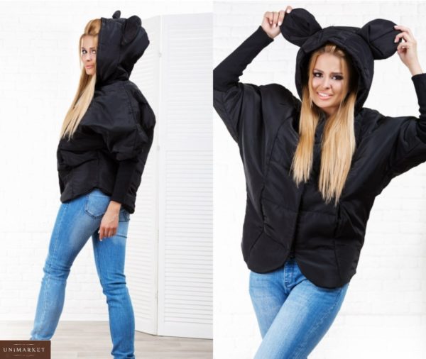 Замовити жіночу куртку на синтепоні з вушками Міккі Мауса чорного кольору зі знижкою