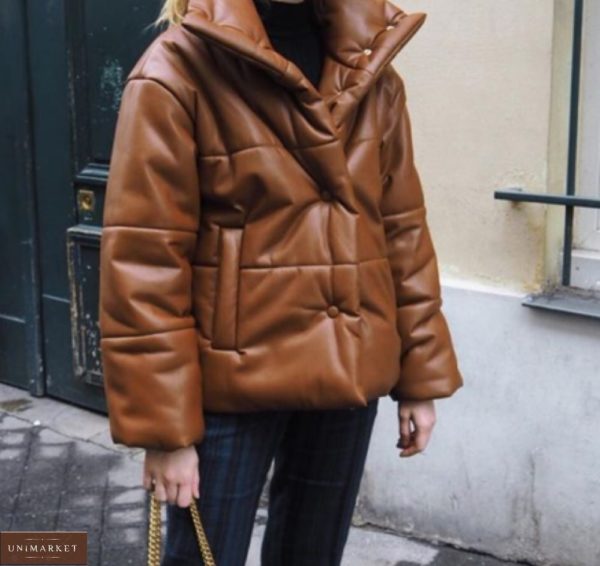 Купити жіночу шкіряну куртку на підкладці з утеплювачем коричневу в Україні