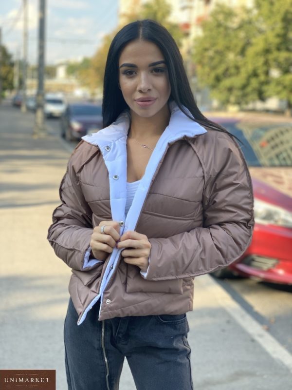 Заказать мокко женскую двухстороннюю короткую куртку с накладными карманами на осень онлайн
